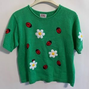 Green Knit Top with Ladybug and Daisy Embroidery